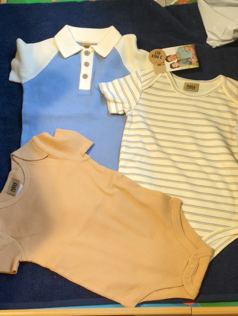 Mario Lopez Mix & Match Three Baby Bodysuit Set - Blue, Cream & Peach 18 M
